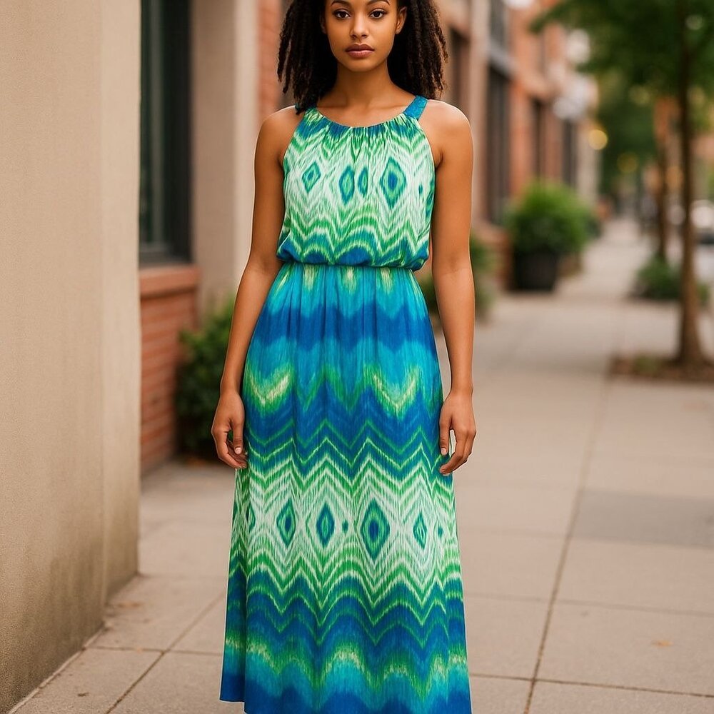 Donna Ricco 10 Tropical Ikat Sleeveless Maxi Dress Boho Style Vacation Summer